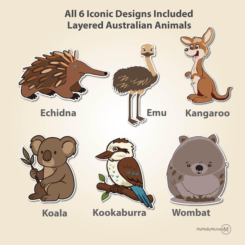 Puede incluir: Seis dise&ntilde;os de animales australianos en capas: equidna, em&uacute;, canguro, koala, cucaburra y wombat. Cada animal est&aacute; representado en un estilo de dibujos animados con colores vibrantes y rasgos distintivos. El texto dice "All 6 Iconic Designs Included Layered Australian Animals".