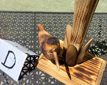 CATTAIL, Hand carved/sculpted wooden, painted and sealed. Added little bird at base