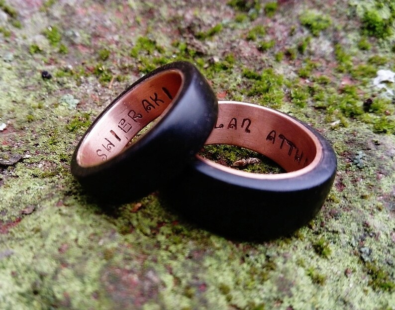 Yer Jalan Atthirari Anni Shekh Ma Shieraki Anni Moon of my life My sun and stars rings Ebony and copper rings geek wedding rings