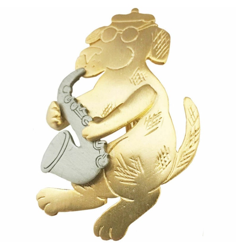 JJ Jonette Jazzy Dog Playing Saxophone 2-Tone Gold and Silver Plated Brooch Pin New Vintage Stock Jazz Sax Gift Beret and Glasses