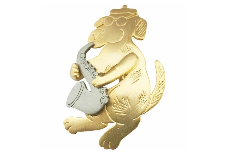 JJ Jonette Jazzy Dog Playing Saxophone 2-Tone Gold and Silver Plated Brooch Pin New Vintage Stock Jazz Sax Gift Beret and Glasses