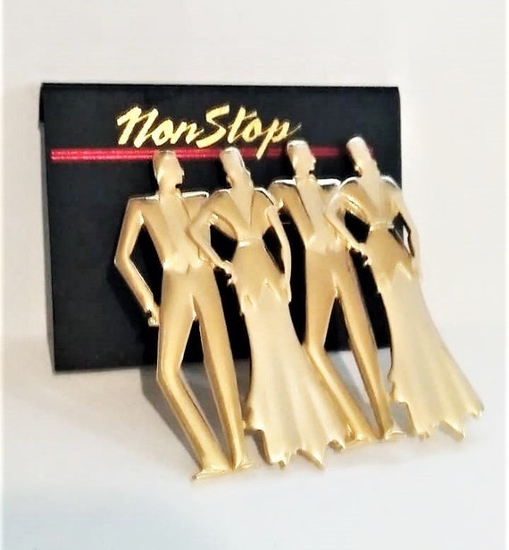 Brooch Dancing Silver Plated NEW Vintage on Card Dapper Roaring 20s Gift JJ Jonette Double Date Couples Pin Gatsby Couple