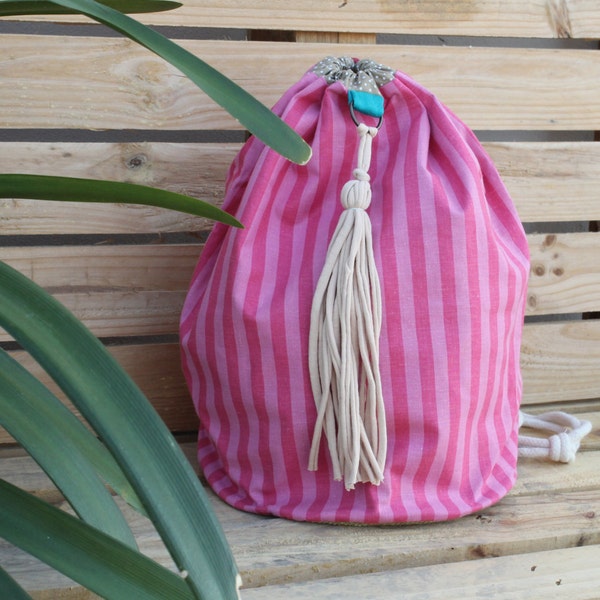 Unique handmade Cotton fabric backpack  with lining and pocket on the inside, round bottom bag, cloth backpack, drawstring bag, designer bag