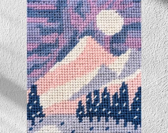 kit canevas broderie débutant à faire soi-même montagne aurore boréale