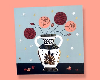 illustration card vase gold and roses
