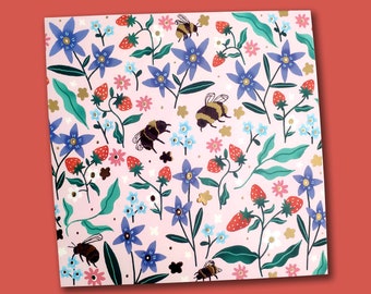 postcard illustration flowers and bees