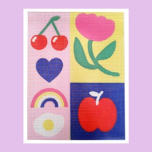 Peut inclure: Une &oelig;uvre d'art color&eacute;e avec une grille de quatre carr&eacute;s. Elle pr&eacute;sente des cerises, une fleur, un c&oelig;ur, un arc-en-ciel, une marguerite et une pomme. Le fond est violet clair.