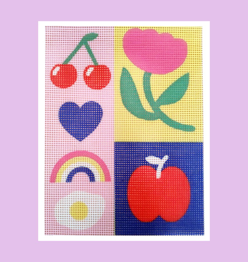 Peut inclure: Une &oelig;uvre d'art color&eacute;e avec une grille de quatre carr&eacute;s. Elle pr&eacute;sente des cerises, une fleur, un c&oelig;ur, un arc-en-ciel, une marguerite et une pomme. Le fond est violet clair.