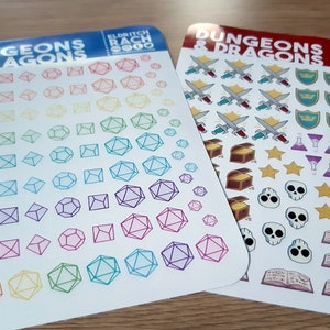 Paquete de hojas de calcomanías de dados y aventuras (A6) - RPG/D&D/DnD - ¡Perfecto para decorar hojas de personajes y bullet journals!
