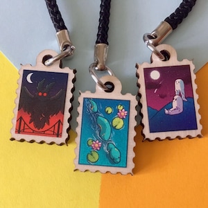 Mini Cryptid Stamp Wooden Charms (Mothman, Fresno Nightcrawlers and Loch Ness Monster)