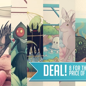 May include: A set of eight illustrated cards featuring various creatures, including a yeti, a wolf, a creature with red eyes, a bat, a ghost, a deer, a frog, and a whale. The cards are arranged in a collage with a blue banner at the bottom that reads "DEAL! 8 FOR THE PRICE OF 7".