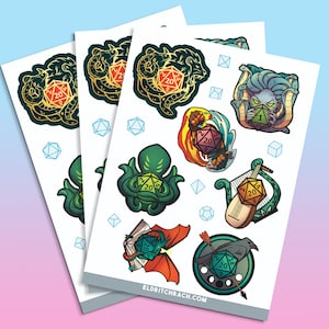 Pode incluir: Conjunto de oito adesivos com várias criaturas fantásticas e dados. Cada adesivo apresenta uma criatura diferente, incluindo um dragão, um polvo, uma sereia e um corvo, segurando um dado de vinte faces. Os adesivos são impressos em papel branco e têm um acabamento brilhante. Os adesivos são perfeitos para adicionar um toque de fantasia ao seu laptop, garrafa de água ou caderno.