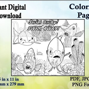 Instant Download, Digital Coloring Page, Fish in a Coral Reef, Swimming from a Shark, Funny Animal Meme