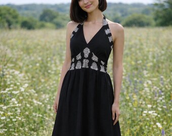 Black Halter Neck Cotton Dress, Ethnic Print Boho Maxi, Beach Vacation Wear