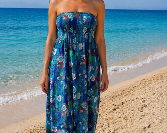 Gorgeous blue boob tube dress, hippie dress, beach dress, cotton dress, ethnic print
