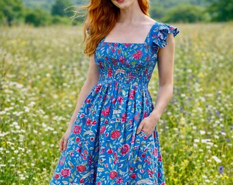 Block Print Cotton Dress with Pockets | Boho Floral Sundress, Cottage Core Style