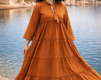 Flowing Boho Cotton Maxi Dress with Tassels and Frills | Burnt Orange Summer Style