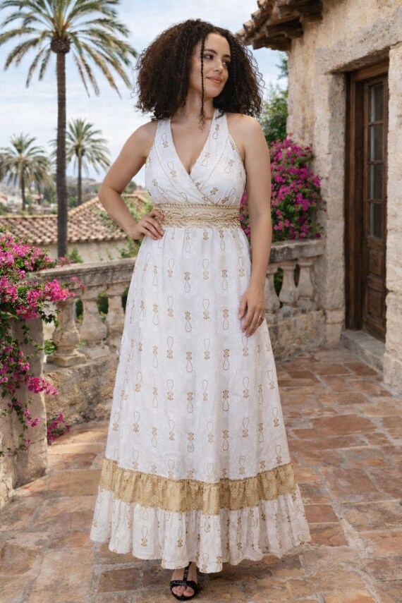 White Cotton Boho Dress, Gold Detail, Ibiza Style, Beach to Bar, Maxi Length