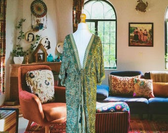 Silky Sari Boho Kimono | Silky Robe | Luxury Flowy Gown | Goddess kimono | boho pregnancy wear | Silky Beach robe