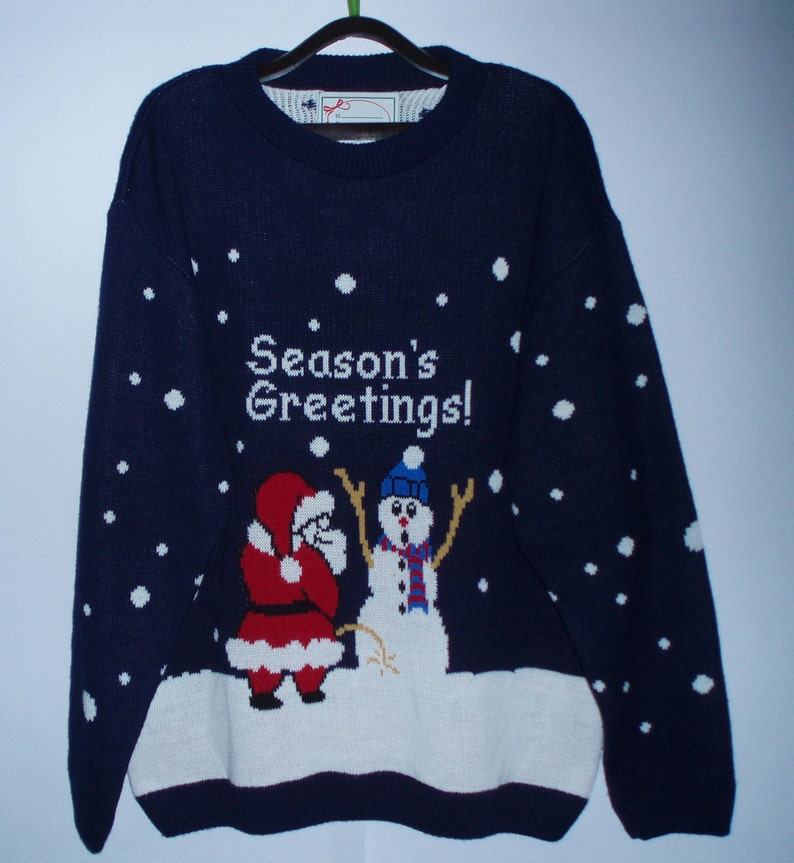 Vintage Dark Blue Sweater Sweater with Santa Claus and Snow Man in the front Sweater with lining Large Sweater