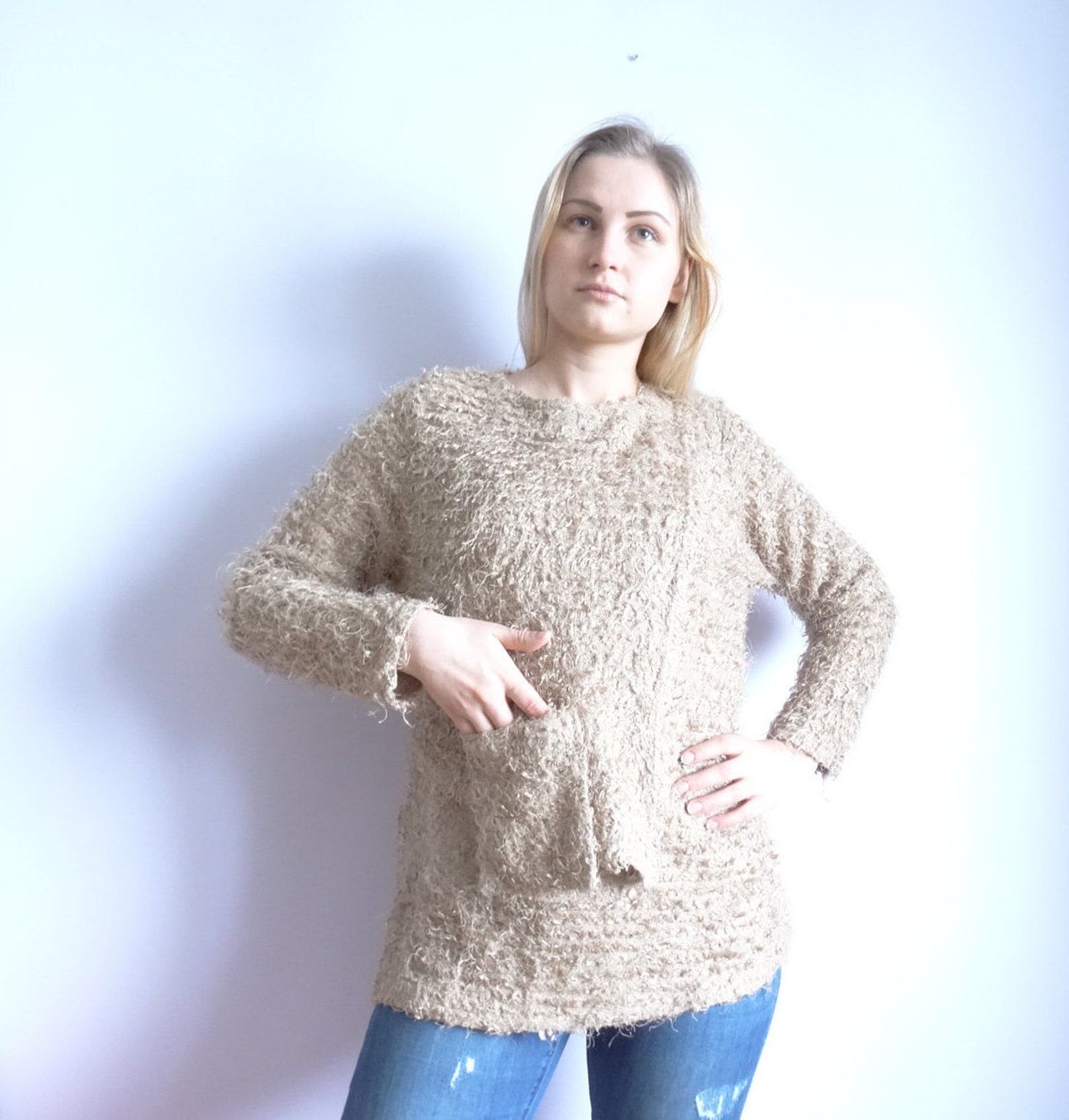 Vintage Beige Sweater Women/sweater With Round Neck/ Double - Etsy Denmark