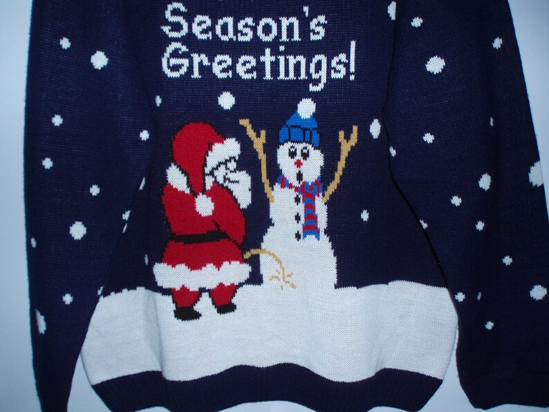 Vintage Dark Blue Sweater Sweater with Santa Claus and Snow Man in the front Sweater with lining Large Sweater