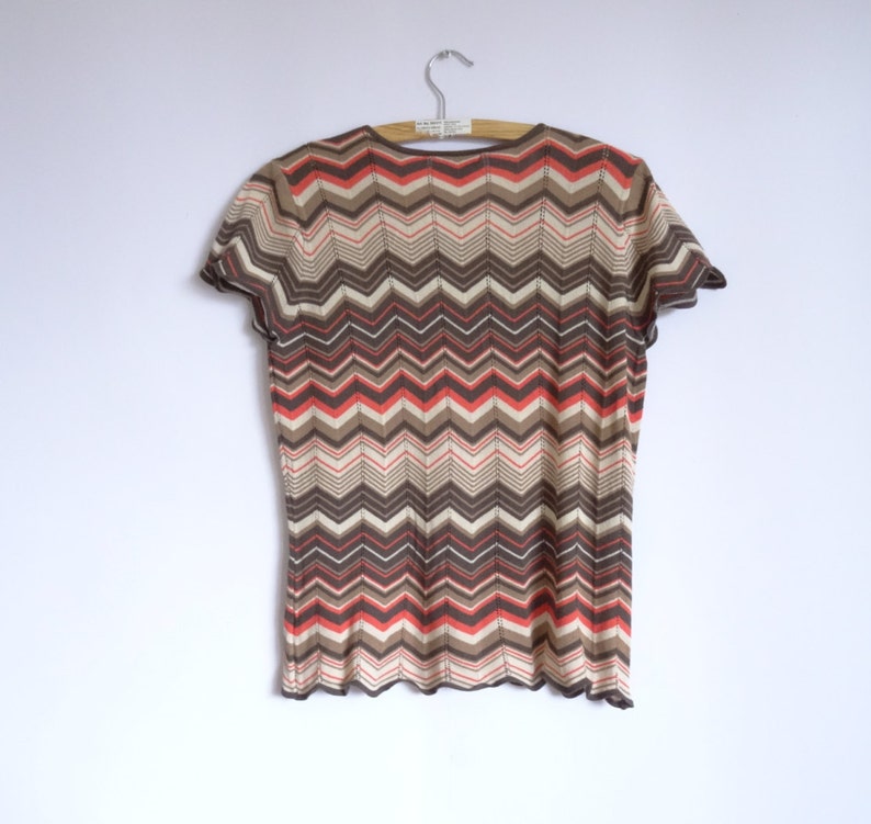 Vintage Women/'s Top Top Red Brown Beige Dark Brown Striped Knitted Top Short Sleeved Size:Medium Large