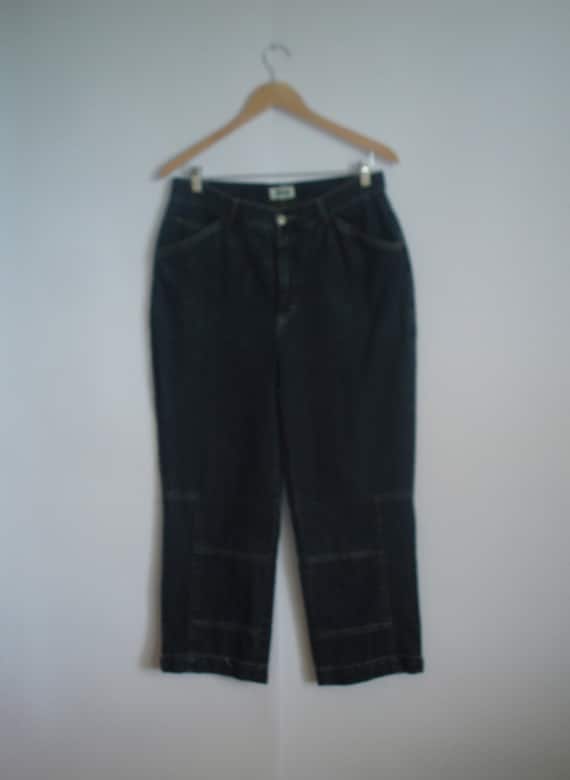 Vintage Dark Blue Jeans Capri Pants With Metal But