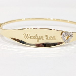 9k Yellow Gold Baby Bangle Personalised Gifts for Xmas, Christening, Cubic Zirconia Keep Sake , First Birthday, Engraveable ID Bracelet