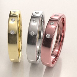 9ct Gold 3 Stone Diamond Set Wedding Ring, Round Diamond Wedding Band, 9k Yellow Gold, White Gold Rose Gold, 3mm, 4mm, 5mm Natural Diamond