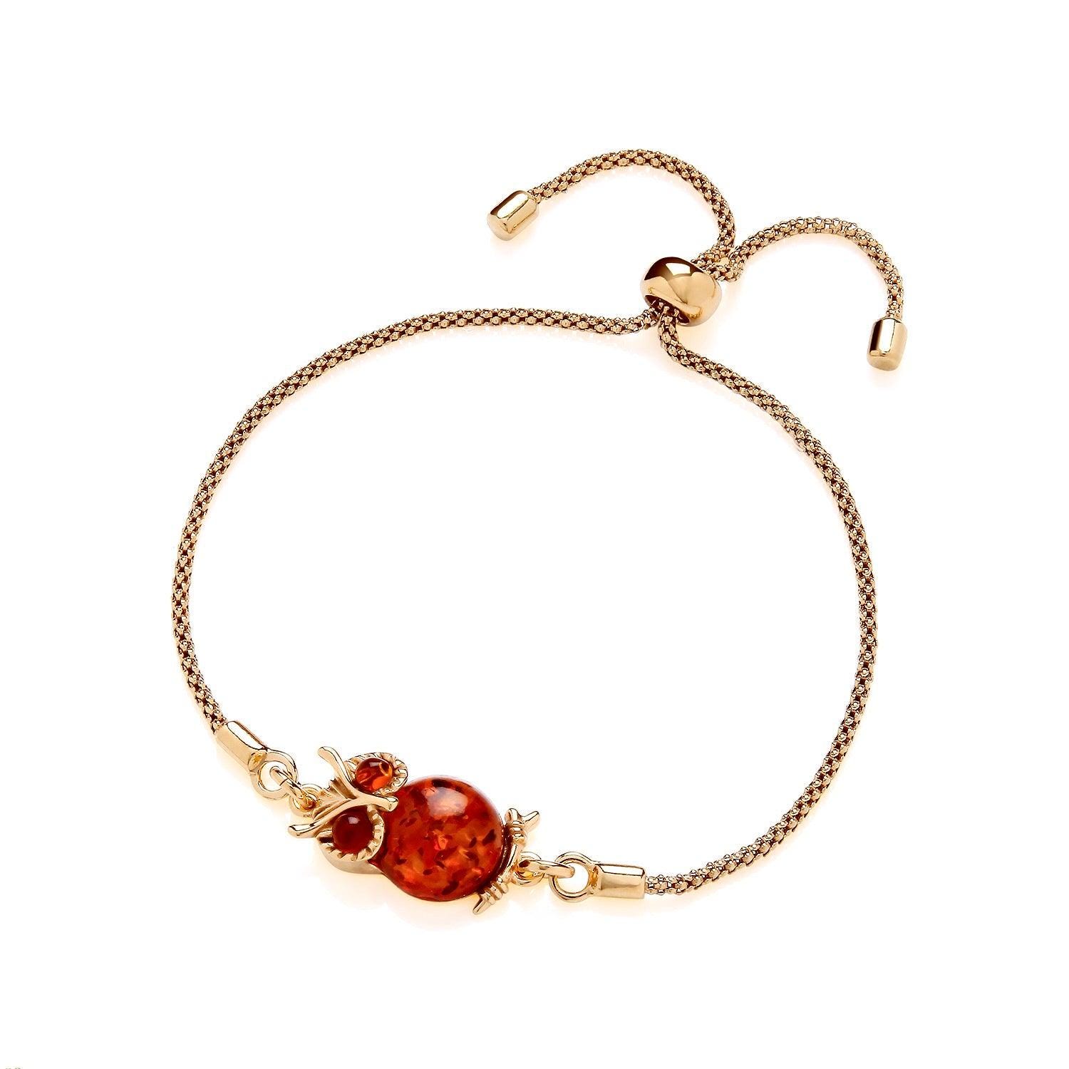 Gold-Plated Sterling Silver Owl Bracelet: Natural Baltic Amber Glow