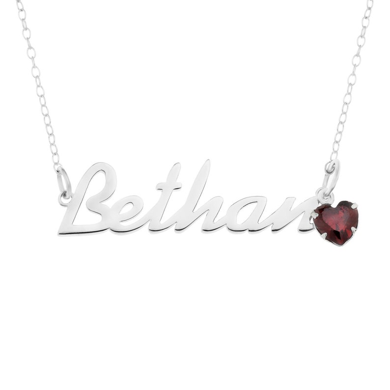 Sterling Silver Personalised Name Necklace With Birthstone Heart Charm on 16 Trace Chain