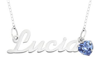 Sterling Silver Name Necklace With Birthstone Heart Charm