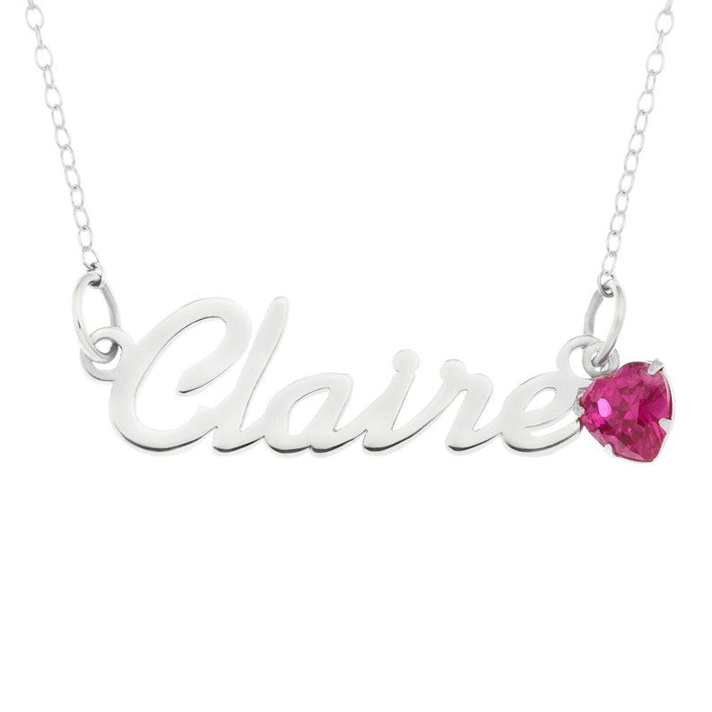 Sterling Silver Personalised Name Necklace With Birthstone Heart Charm on 16 Trace Chain