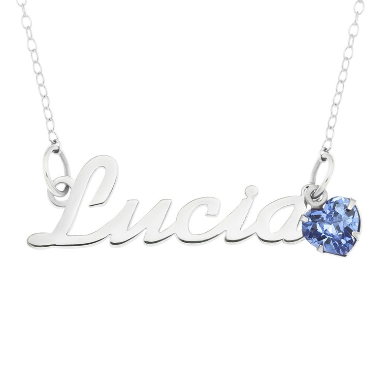 Sterling Silver Personalised Name Necklace With Birthstone Heart Charm on 16 Trace Chain