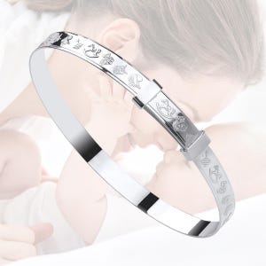 Sterling Silver Baby Bangle – Adjustable Christening Bracelet with Engraved Motifs, Newborn to Toddler Gift