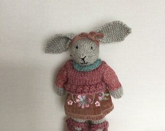 Handmade grey knitted bunny , dusky pink jumper and shoes, velvet pink headband/ pink skirt with embroidery and duck blue scarf.