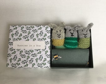 Bunnies in a box , green theme , bee fabric blanket.