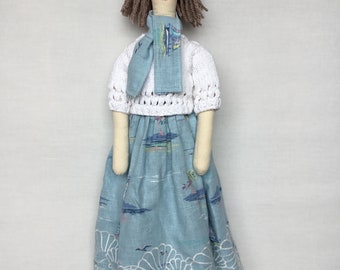 Handmade fabric doll/ person, mid length hair, beach theme long skirt/scarf,white top, blue shoes.