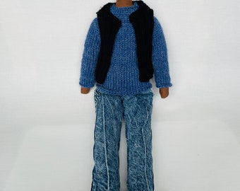 Handmade fabric man doll short black hair blue cardigan black waistcoat denim jeans white shoes