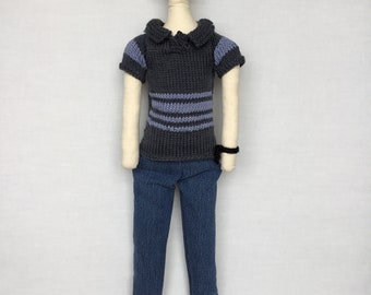 Handmade fabric long person/ doll, grey striped top, blue jeans, white shoes.