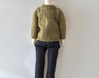 Handmade fabric long person/doll  short brown hair and beard ,olive green jumper, beanie hat, black jeans and shoes.