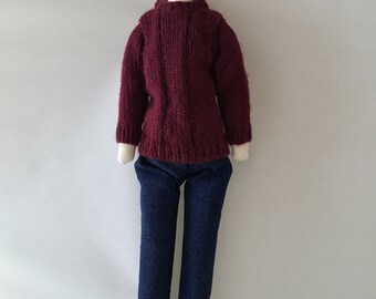 Handmade fabric long person/ doll, light blonde/brown hair small beard. Burgundy hooded top, cap, blue jean and rust colour boots.