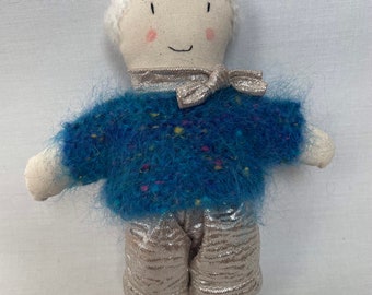 Handmade mini fabric doll white hair, sparkly silver scarf and shorts with fluffy flecked jumper