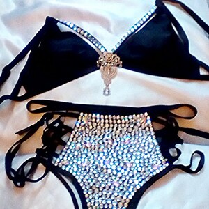 Black rhinestone bikini, crystal bikini, black beach wear, crystal rhinestone bikini, customized black bikini, Ab crystal pool side bikini. image 1