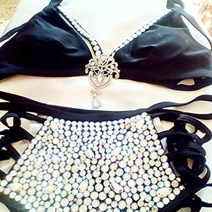 Black rhinestone bikini, crystal bikini, black beach wear, crystal rhinestone bikini, customized black bikini, Ab crystal pool side bikini. image 2