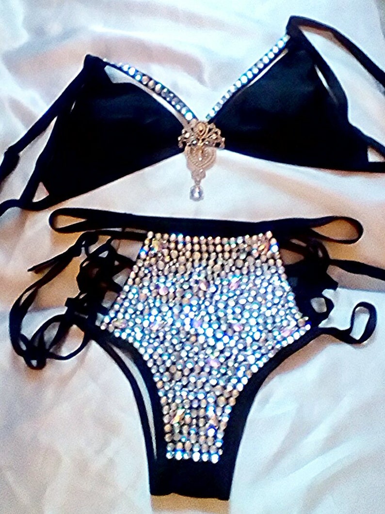 Black rhinestone bikini, crystal bikini, black beach wear, crystal rhinestone bikini, customized black bikini, Ab crystal pool side bikini. image 1