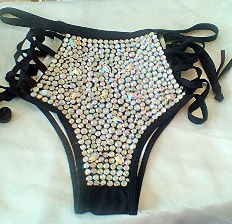 Black rhinestone bikini, crystal bikini, black beach wear, crystal rhinestone bikini, customized black bikini, Ab crystal pool side bikini. image 5