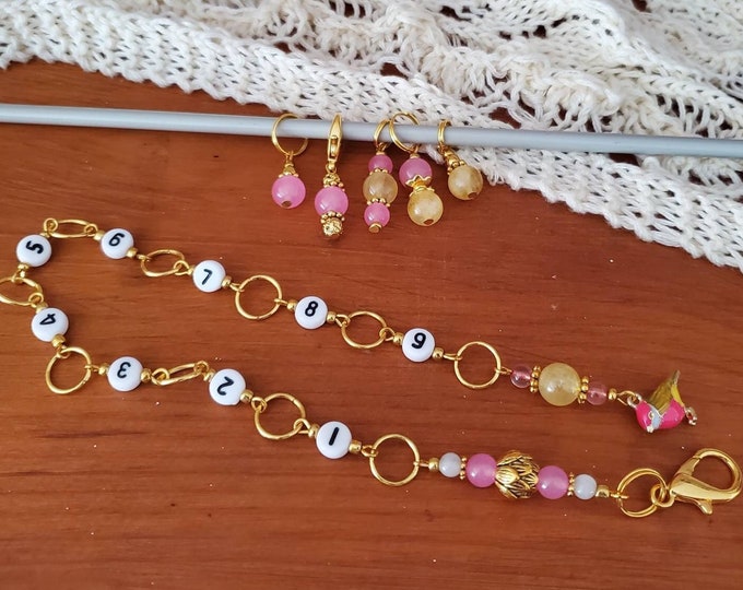 Bird of paradise row counter and stitch markers gift set, with citrine and pink jade for knitting.