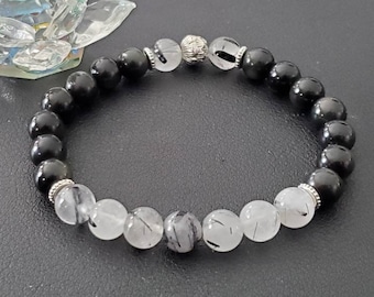 Tourmalinated Quartz and Rainbow Obsidian Bracelet. On elastic thread or with clasp. Stainless steel spacer. Choice of sizes.